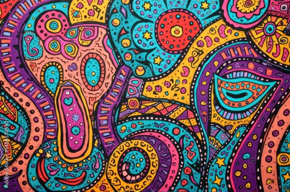 Vibrant abstract psychedelic pattern with geometric shapes and spirals Vibrant abstract psychedelic pattern with geometric shapes and spirals