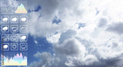 Closeup aerial view of dramatic cloudscape show variety of form and texture with graph and chart on beautiful tropical summer bright blue sky.
