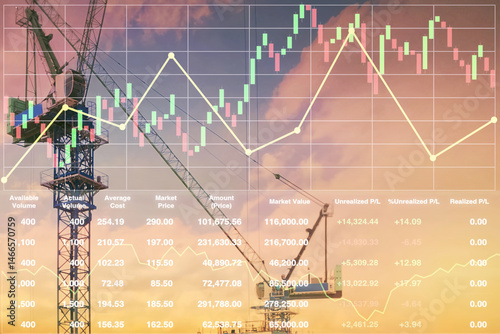 Colorful silhouette image of tower cranes working on site with stock financial symbol of graph, chart data and candlesticks on twilight sky image. Image use for business and industry presentation.

