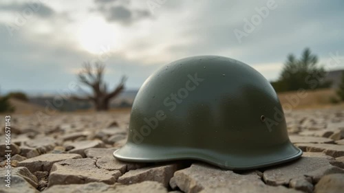 Military helmet resting on rocky ground under a cloudy sky  
