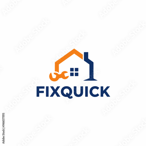 Home Repair Logo: A minimalist and modern logo design for a home repair business. Features a stylized house with a wrench and a chimney.