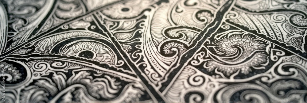 Intricate black and white abstract pattern with swirling details and floral motifs Intricate black and white abstract pattern with swirling details and floral motifs