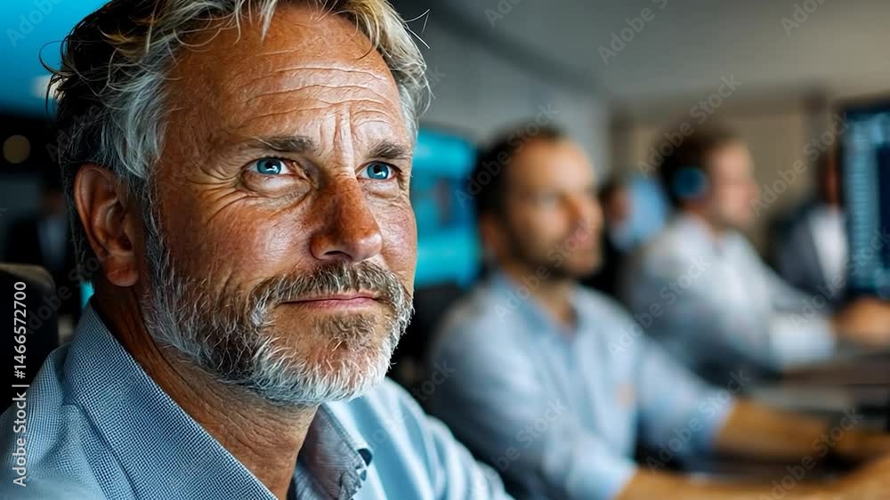 A close up of a man wearing a light blue shirt looking up in a bright room, two blurry men work at computers in the background. The background and setting create a tech-focused and professional A close up of a man wearing a light blue shirt looking up in a bright room, two blurry men work at computers in the background. The background and setting create a tech-focused and professional
