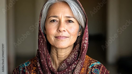 Close-up portrait of a mature woman with gray hair wearing a maroon and orange patterned headscarf and a colorful printed top, set against a neutral background with natural lighting and a serene