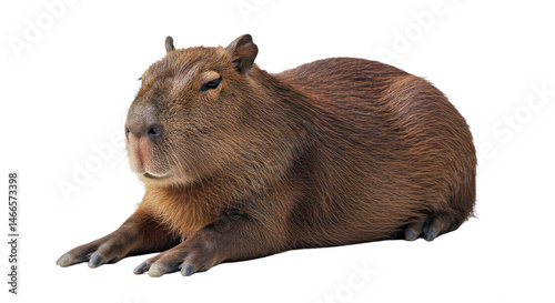 A calm capybara is seen lying down with its eyes half-closed and legs extended in a relaxed posture. Full body image isolated on a plain white background.