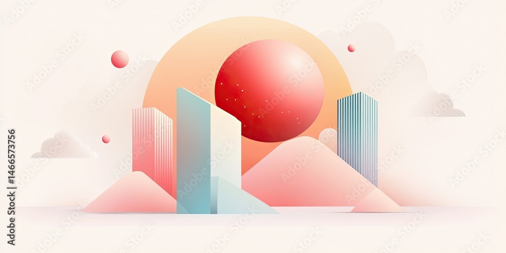 Dreamscape Geometric sunrise over pastel buildings and floating orbs. Dreamscape Geometric sunrise over pastel buildings and floating orbs.