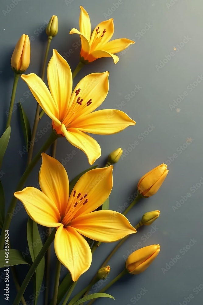 Obraz premium Close up of shiny golden flowers with intricate details on gray background, shining, design