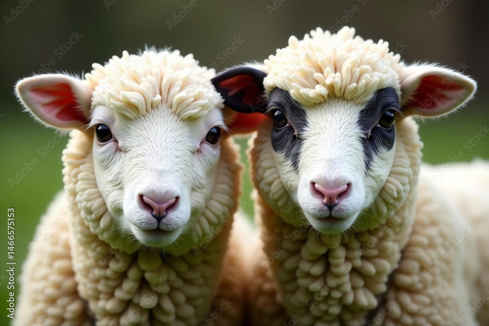 Obraz premium Close up of two fluffy sheep with unique black and white markings, close-up, sheep