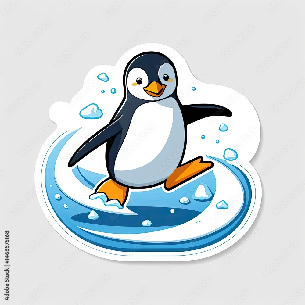Obraz premium Cute Cartoon Penguin Surfing on Ice Wave