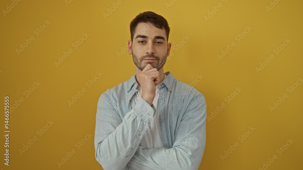 Young man with thoughtful expression standing over isolated yellow background suggesting introspection and focus on personal growth and development Young man with thoughtful expression standing over isolated yellow background suggesting introspection and focus on personal growth and development