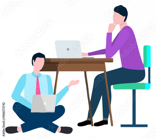 Man and Woman Working with Laptop, Broker Vector 