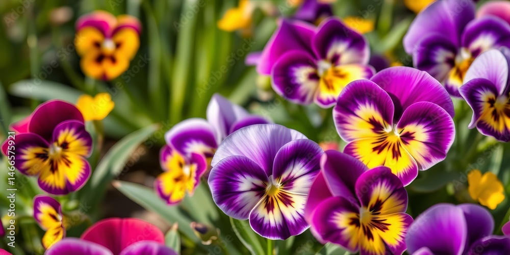 Close-up of vibrant pansies in an Easter garden, bright, vegetation Close-up of vibrant pansies in an Easter garden, bright, vegetation