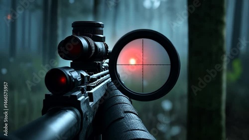 Close up perspective of assault rifle scope aimed in foggy forest with red glowing sights, the foreground details the rifle with matte black finish, illuminated by strategic lighting creating depth