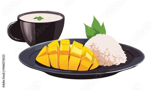 hot tea and mango sticky rice - vector illustration