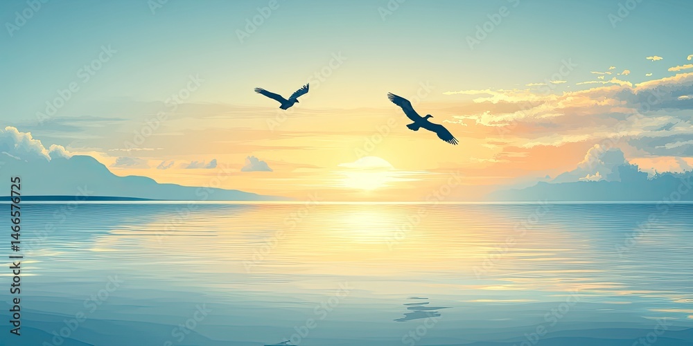 Fototapeta premium Golden Horizon Birds fly above tranquil sea during sunrise.
