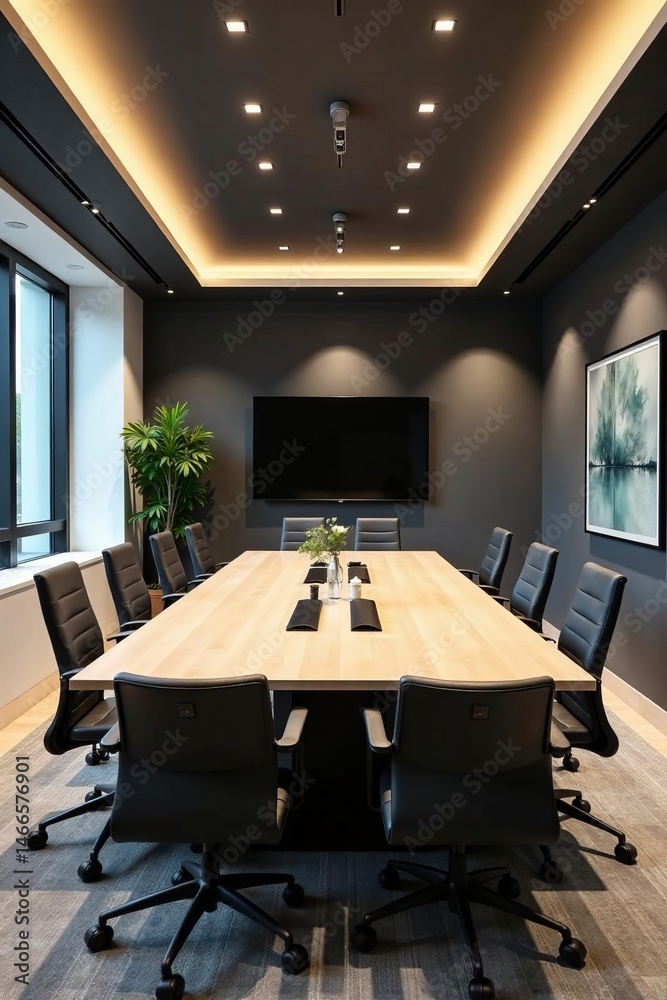 Fototapeta premium Sleek conference room with modern decor, organized tables & chairs, meeting, arrangement, design