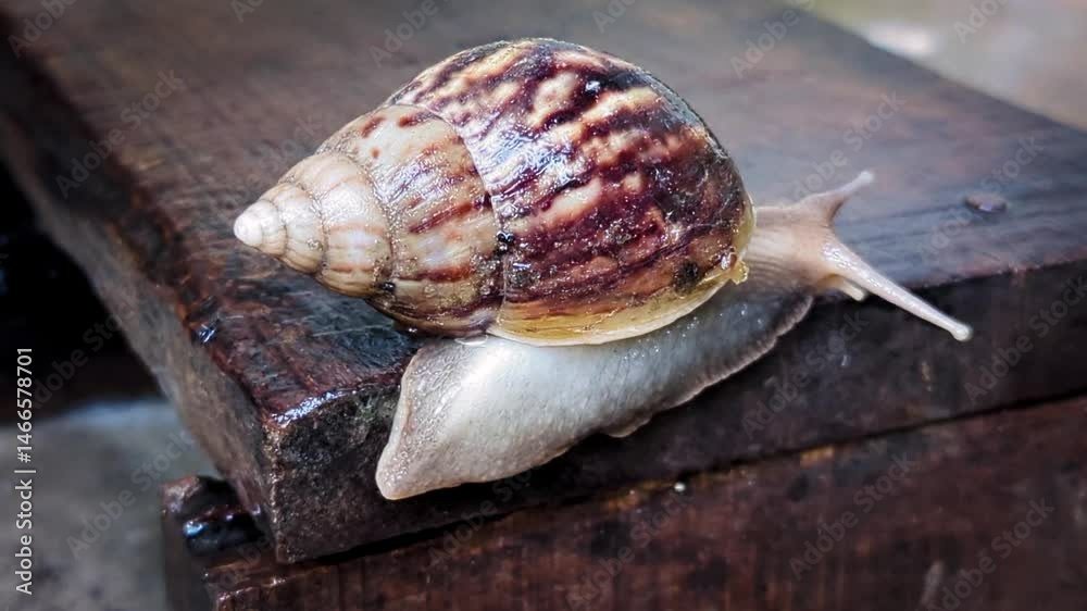 a snail is crawling on a wooden chopping board