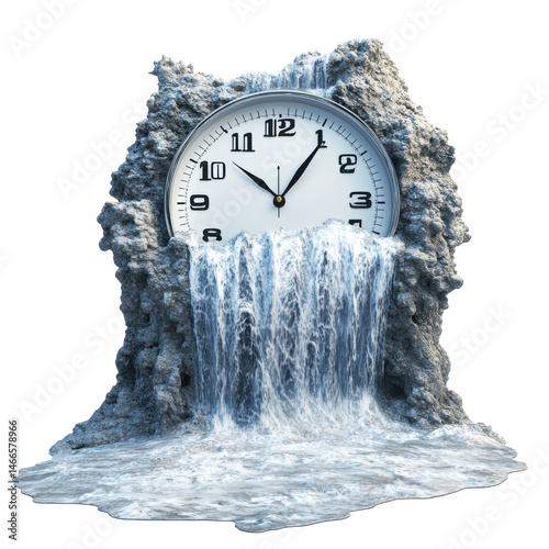 Time flows like water from a stone clock creating a surreal temporal waterfall