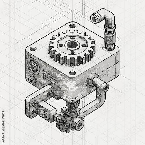 Isometric illustration of a complex mechanical device, featuring gears, pipes, and various components. The detailed drawing showcases intricate engineering design. 