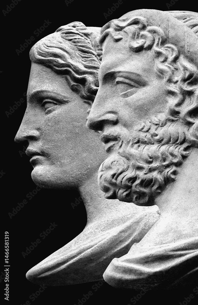 God of treatment and Asclepius and his daughter goddess of medicine Gig. Ancient statues on black background. Black and white vertical image.