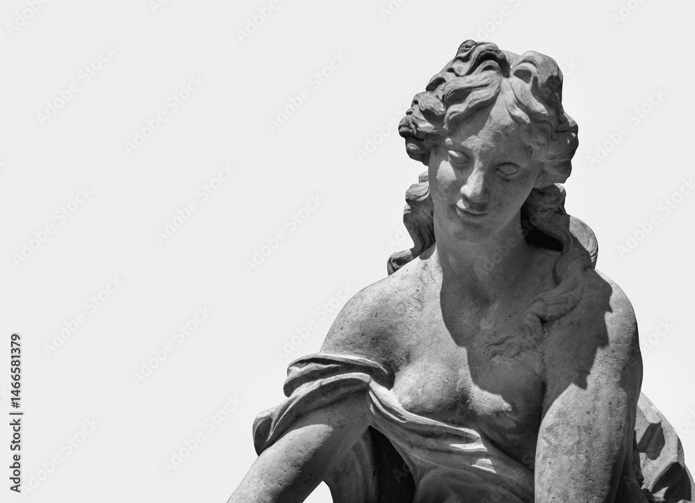 The goddess of love and beauty in Greek mythology, Aphrodite (Venus in Roman mythology) Fragment of ancient stone statue. Copy space.