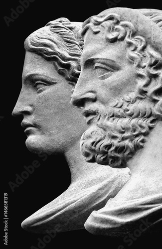 Obraz na płótnie God of treatment and Asclepius and his daughter goddess of medicine Gig. Ancient statues on black background. Black and white vertical image. w salonie