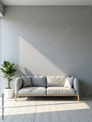 Minimalism in the living room interior. Gray empty wall, gray sofa and potted plant. Generated