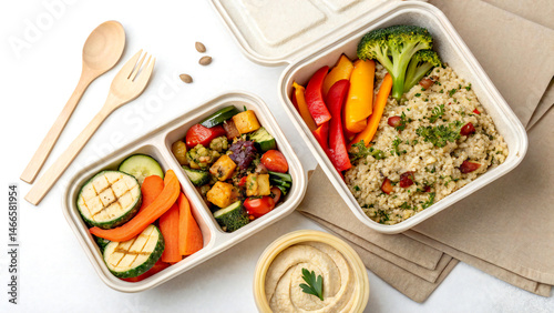 Flat lay of vegan lunch box with quinoa and roasted vegetables