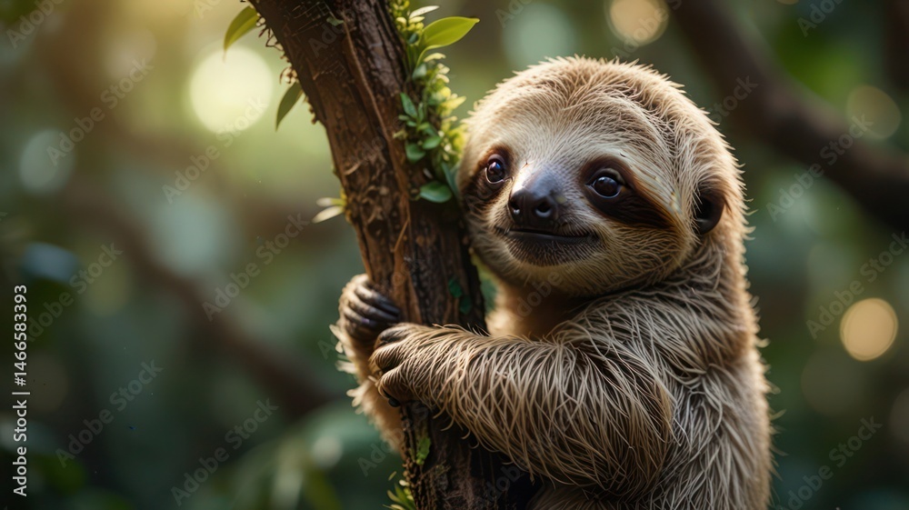 Naklejka premium Baby Sloth Cradled in Branches