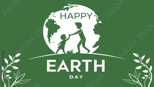 globe, Earth Day, happy Earth Day text, animals silhouettes, green background, white leaves, vector illustration
