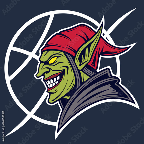 Stylized profile portrait of green goblin with elfish ears, red headband, and hooded cloak, comic vector art with basketball hoop on dark blue background
