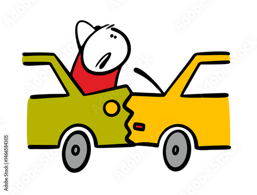 Driver had an accident on the road. Vector illustration of an unfortunate stickman looking at a broken transport, two cars collided.
