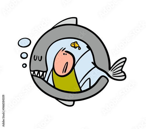Caricature unfortunate stickman is in trouble, sitting in the belly of a huge fish. Vector illustration of a marine predator swallowing its prey.