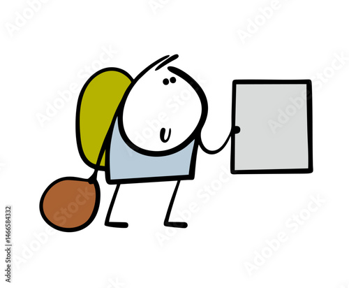 Cartoon funny traveler character catches a car, votes on the road, and asks for a ride to the city. Vector illustration of a tourist with luggage waiting for transport and a kind driver.