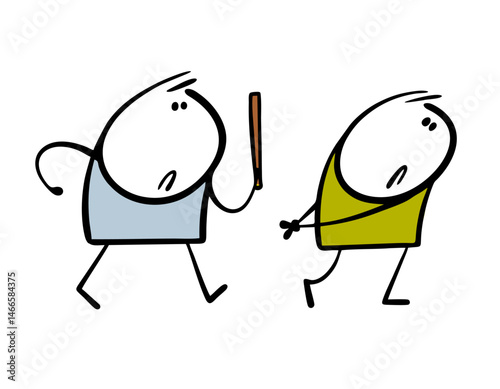 Cartoon strict escort leads the arrested criminal. The pickpocket got caught stealing. Vector illustration of sad stickman, chained hands.