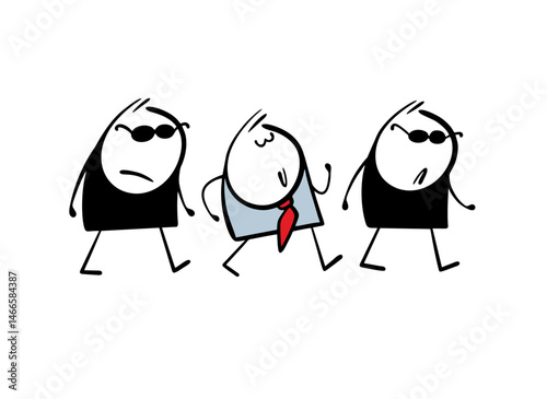 Two security guards in black suits and sunglasses accompany a wealthy businessman. Vector illustration of a funny stickman on a walk.