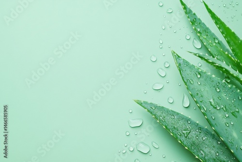 Fresh aloe vera leaves with water droplets on a light green background creating a natural spa scene