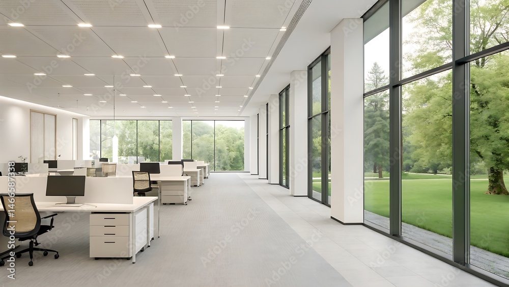 Fototapeta premium Bright Office Space with Large Windows Overlooking Lush Greenery and Modern Desks