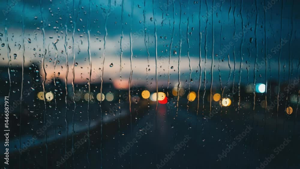 Raindrops on glass during sunset in the city
