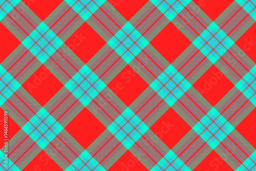 Scratched background fabric texture, gentle seamless plaid check. Genuine tartan textile pattern vector in red and cyan colors.