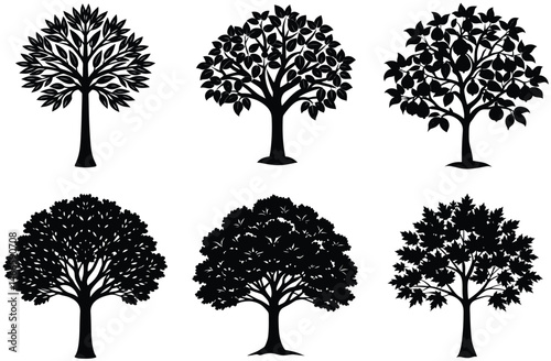 Vector set of black tree silhouettes showcases a nature-inspired collection of leafy branches and floral outlines for forest design