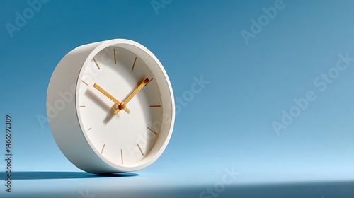 Minimalistic Plastic Clock with Golden Hands on Blue Background Casting a Shadow