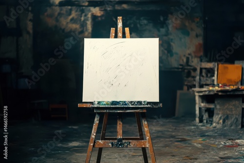 Artist's easel in a cluttered studio with an empty canvas awaiting inspiration