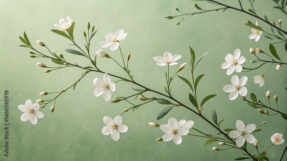 Fototapeta premium Delicate branches of white flowers and green leaves against a textured soft green background