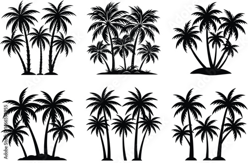 Tropical beach vector illustration featuring a silhouette set of palm trees under the summer sunPrint