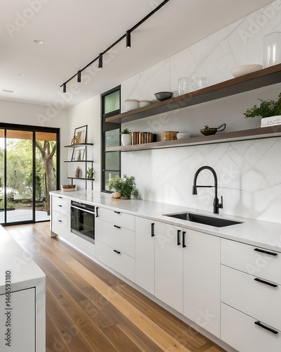 Modern kitchen with white cabinets black fixtures wood floors and open shelving