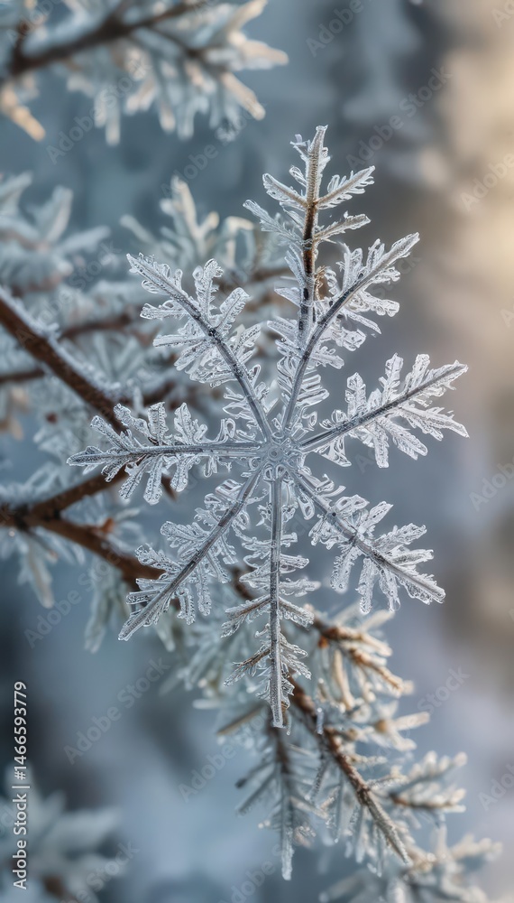 A single, perfectly formed snowflake rests on a frost-covered branch , beauty, frost A single, perfectly formed snowflake rests on a frost-covered branch , beauty, frost