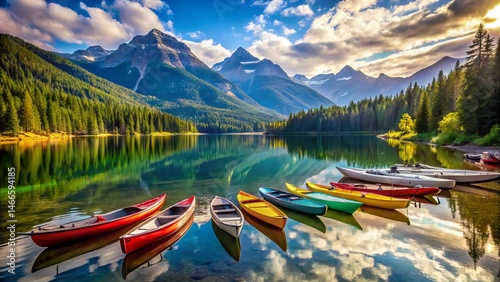 Scenic mountain lake landscape with colorful kayaks beautiful reflections and azure blue sky