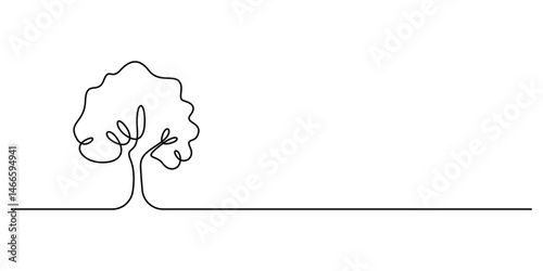 Continuous single line drawing of tree. One line drawing tree isolated on white background. Vector illustration