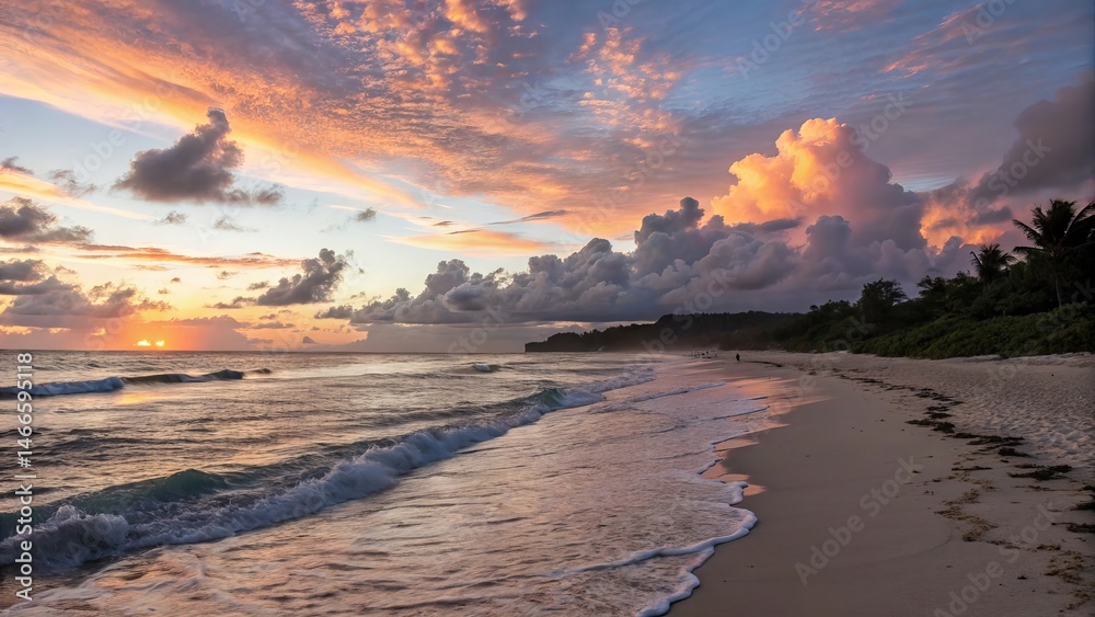 Fototapeta premium Stunning sunset over ocean waves and sandy beach with beautiful cloudy sky